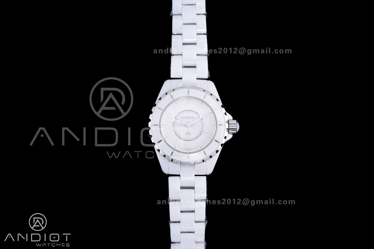 J12 33mm HTF 1:1 Best Edition White Korea Ceramic Cream Dial White Markers on Bracelet Swiss Quartz
