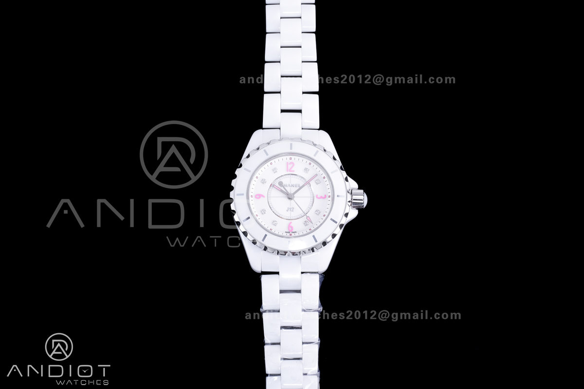 J12 33mm HTF 1:1 Best Edition White Korea Ceramic Cream Dial Pink Markers on Bracelet Swiss Quartz
