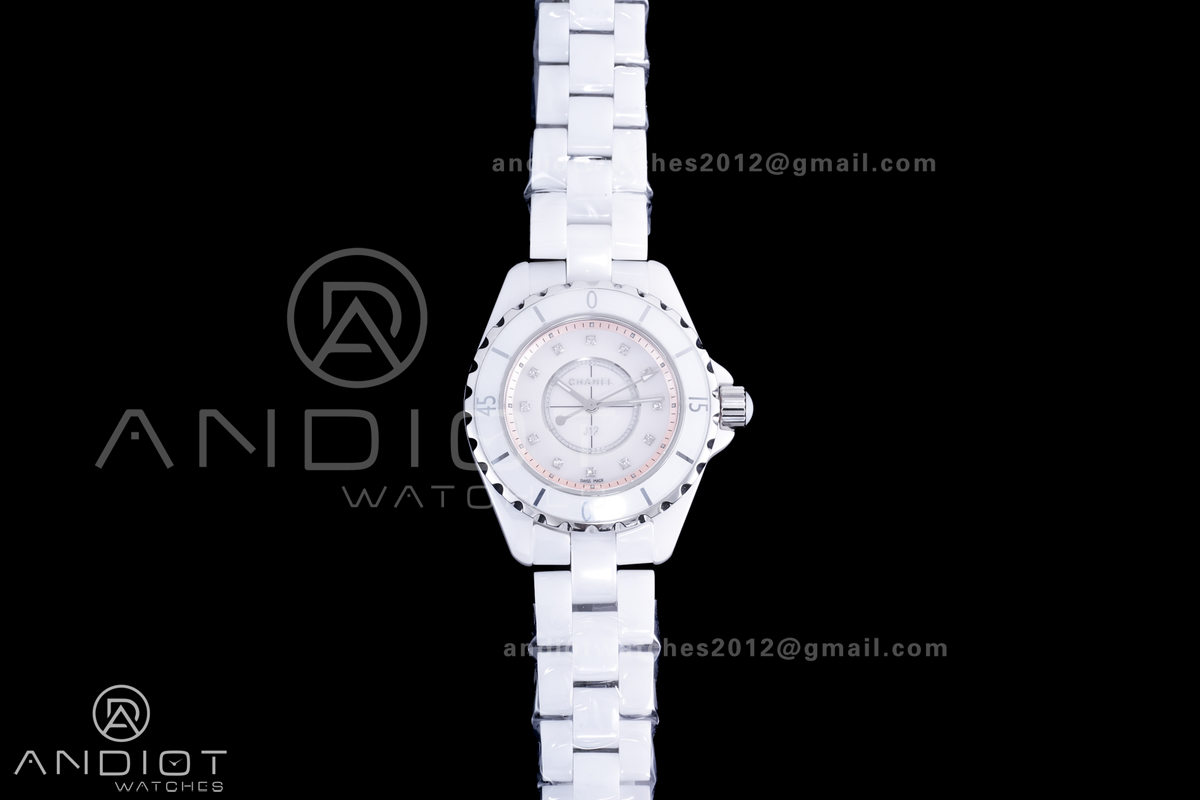 J12 33mm HTF 1:1 Best Edition White Korea Ceramic Cream Diamonds Dial on Bracelet Swiss Quartz