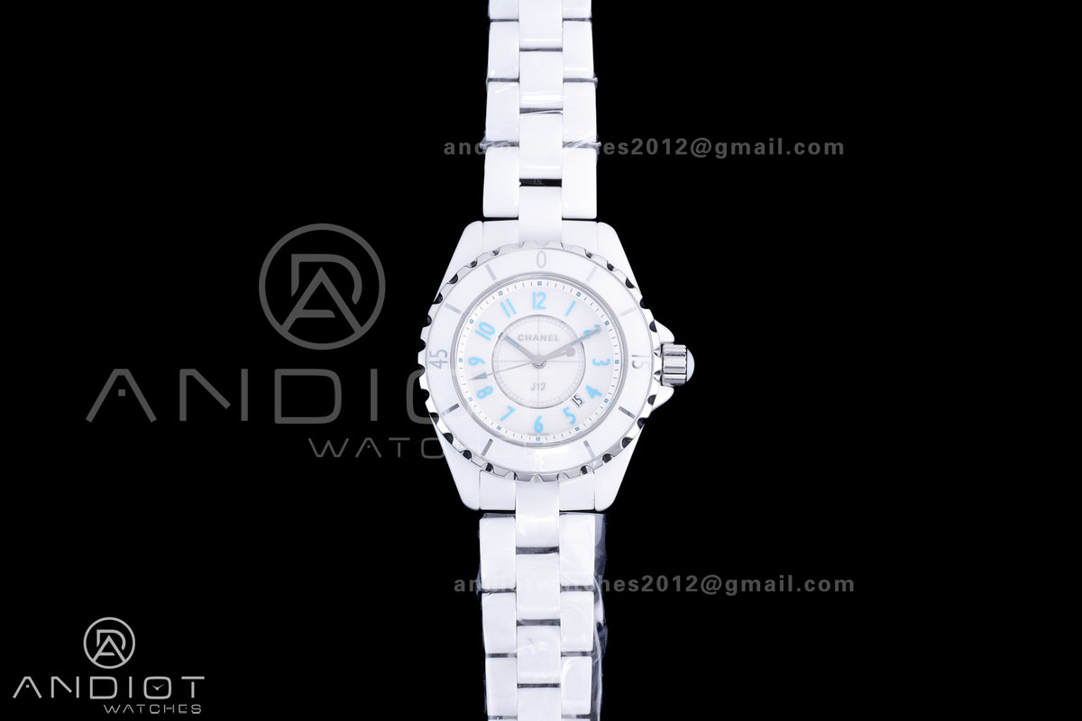 J12 33mm HTF 1:1 Best Edition White Korea Ceramic White Dial Blue Markers on Bracelet Swiss Quartz