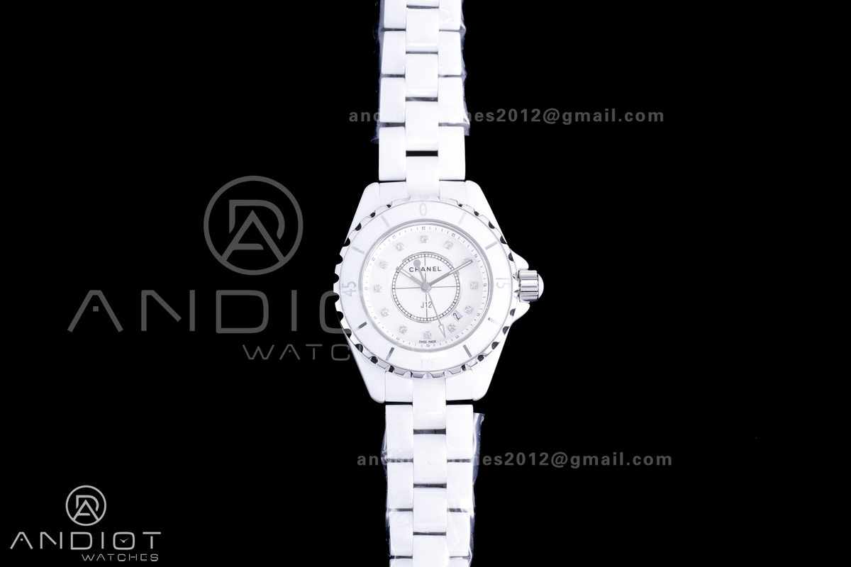 J12 33mm HTF 1:1 Best Edition White Korea Ceramic White Dial Diamond Markers on Bracelet Swiss Quartz
