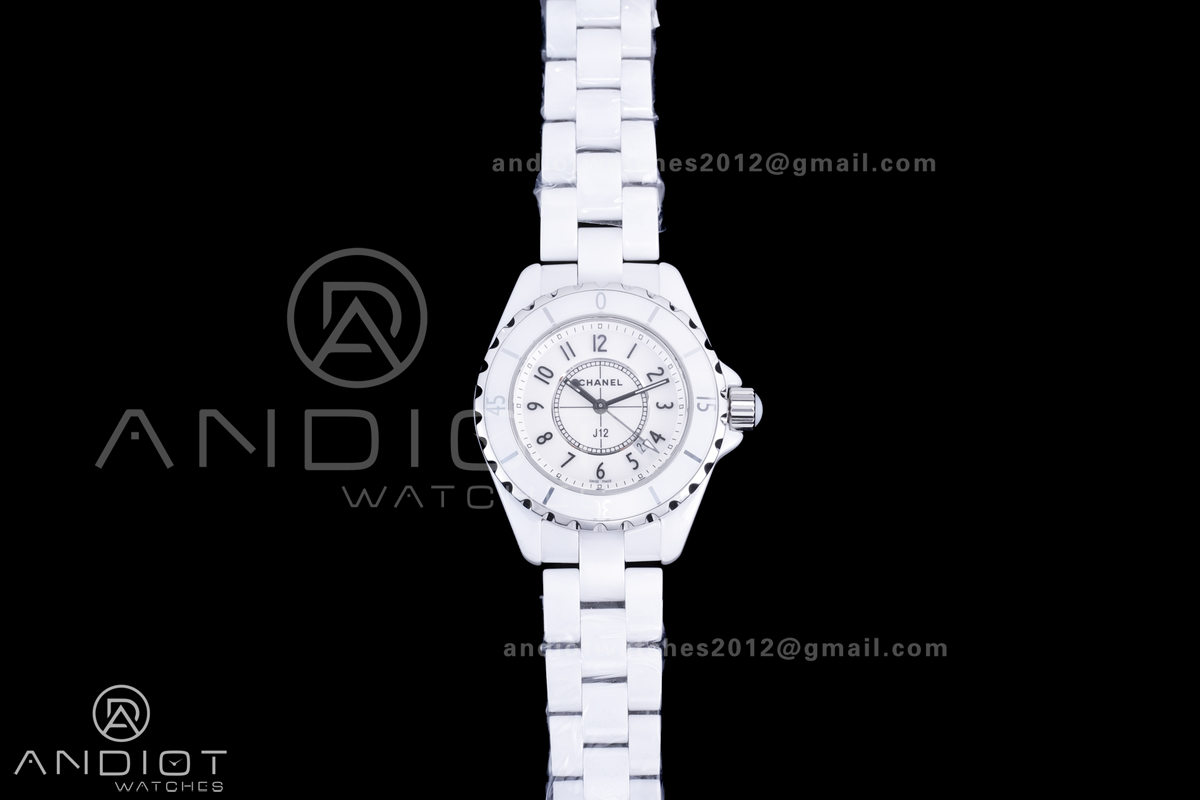 J12 33mm HTF 1:1 Best Edition White Korea Ceramic White Dial Black Markers on Bracelet Swiss Quartz