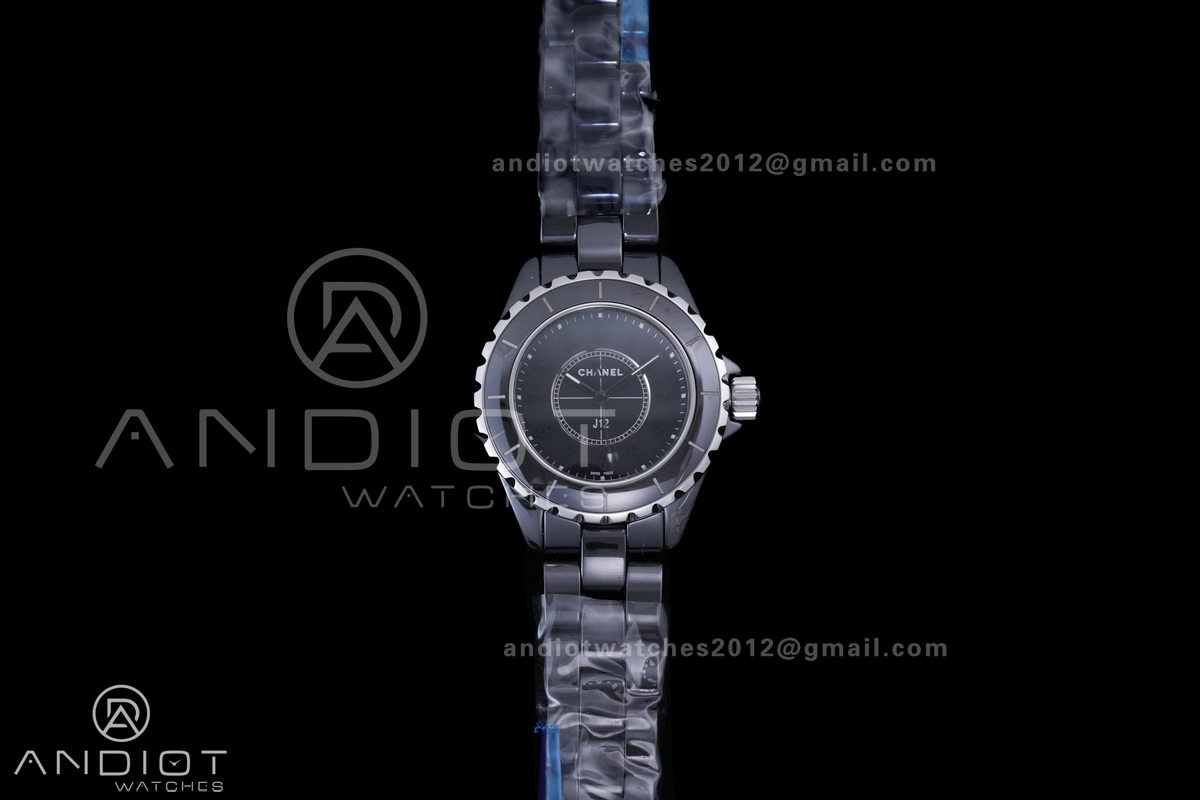 J12 33mm HTF 1:1 Best Edition Black Korea Ceramic Black Dial Grey Markers on Bracelet Swiss Quartz