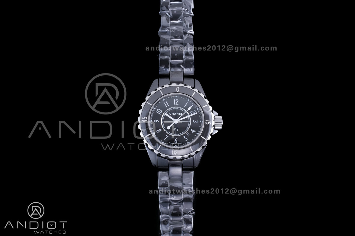 J12 33mm HTF 1:1 Best Edition Black Korea Ceramic Black Dial White Markers on Bracelet Swiss Quartz