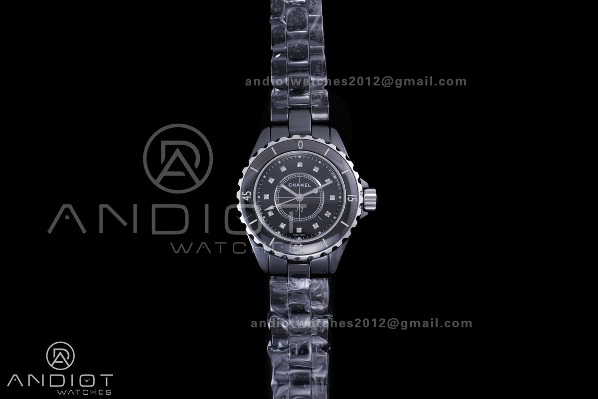J12 33mm HTF 1:1 Best Edition Black Korea Ceramic Black Dial Diamonds Markers on Bracelet Swiss Quartz