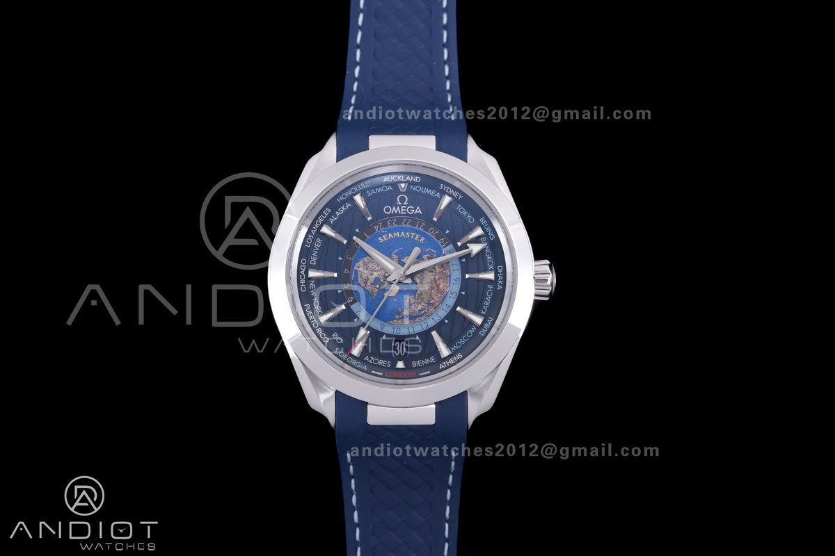Aqua Terra GMT World timer 43mm VSF 1:1 Best Edition Deep Blue Dial on Blue Rubber Strap A8938 Super Clone