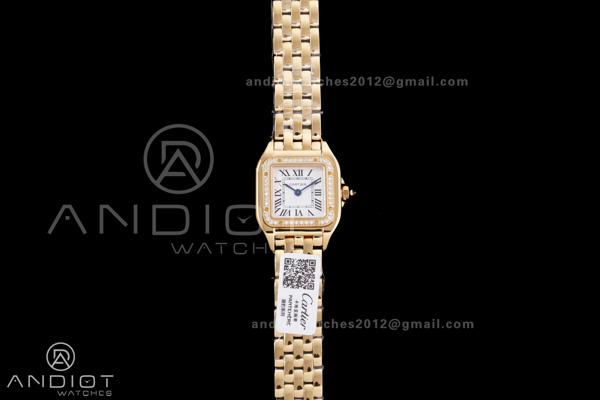Panthère Ladies 22mm YG AF 1:1 Best Edition White Dial Diamonds Bezel on YG Bracelet Ronda Quartz