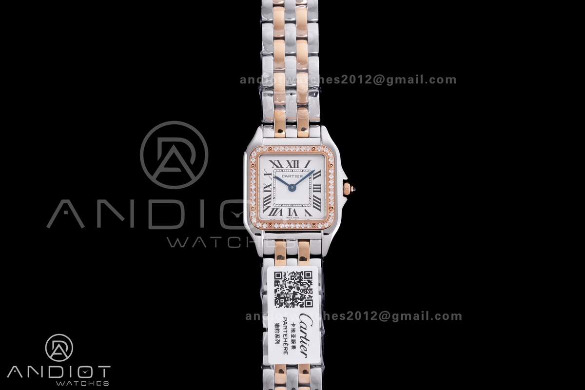 Panthère Ladies 27mm SS/RG AF 1:1 Best Edition White Dial Diamonds Bezel on SS/RG Bracelet Ronda Quartz