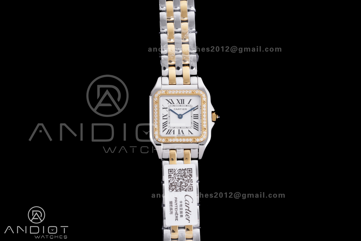 Panthère Ladies 27mm SS/YG AF 1:1 Best Edition White Dial Diamonds Bezel on SS/YG Bracelet Ronda Quartz