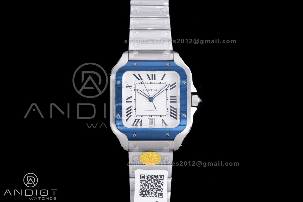  Santos de Cartier XL 40mm SS AF White Dial Blue Bezel SS Bracelet MIYOTA 9015