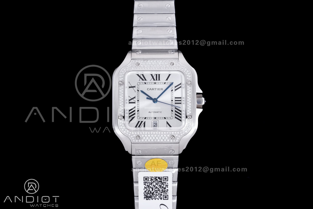 Santos de Cartier XL 40mm SS AF White Dial Diamond Bezel SS Bracelet MIYOTA 9015