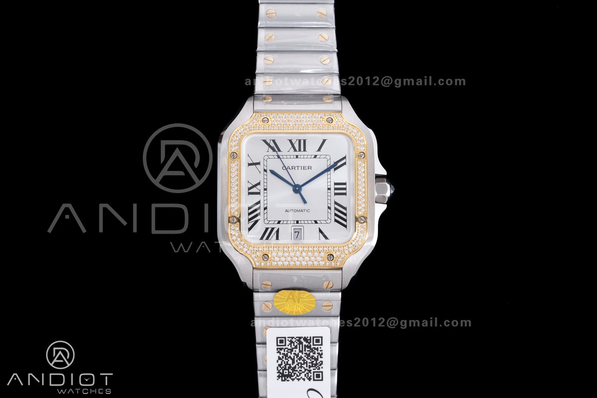 Santos de Cartier 40mm SS AF 1:1 Best Edition White Dial YG Diamond Bezel on SS SmartLinks Bracelet MIYOTA 9015
