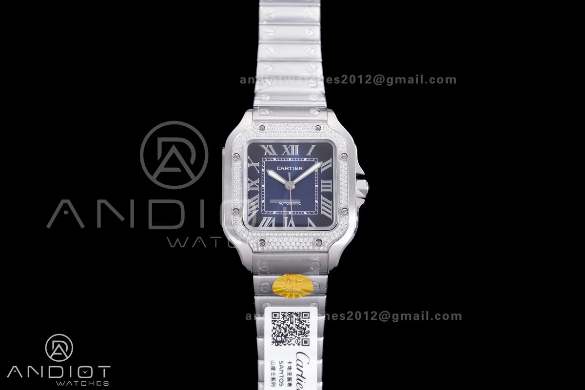 Santos de Cartier 35mm SS AF 1:1 Best Edition  Full Diamond Bezel Blue Dial on SS SmartLinks Bracelet MIYOTA 9015