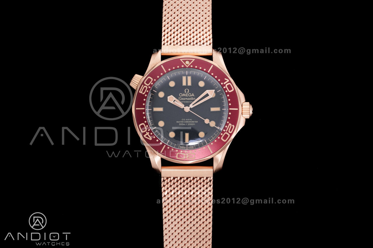Seamaster 300M Bronze Gold VSF 1:1 Best Edition Black Dial On Bronze Gold Mesh Bracelet SA8806 Super Clone