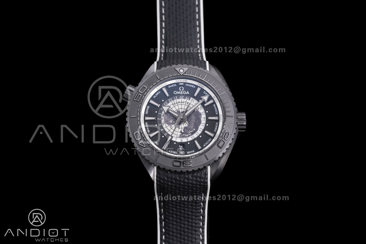 Planet Ocean 45.5mm GMT Worldtimer Real Ceramic VSF 1:1 Best Edition Black/Grey Dial On Black Rubber Strap Super Clone 8938