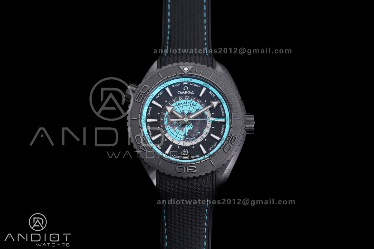 Planet Ocean 45.5mm GMT Worldtimer Real Ceramic VSF 1:1 Best Edition Black/blue Dial On Black Rubber Strap Super Clone 8938