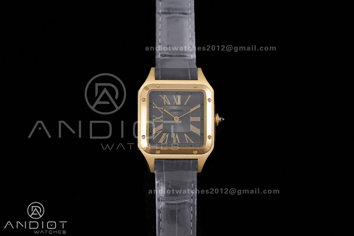 Santos Dumont 31.4mm YG AF 1:1 Best Edition Gray Dial YG Marker bezel on Gray Leather Strap Ronda Quartz