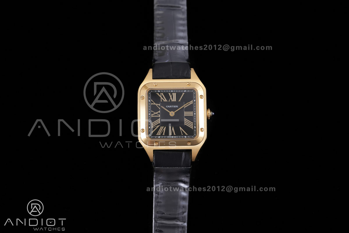 Santos Dumont 27.5mm YG AF 1:1 Best Edition Black Dial YG Marker on Black Leather Strap Ronda Quartz