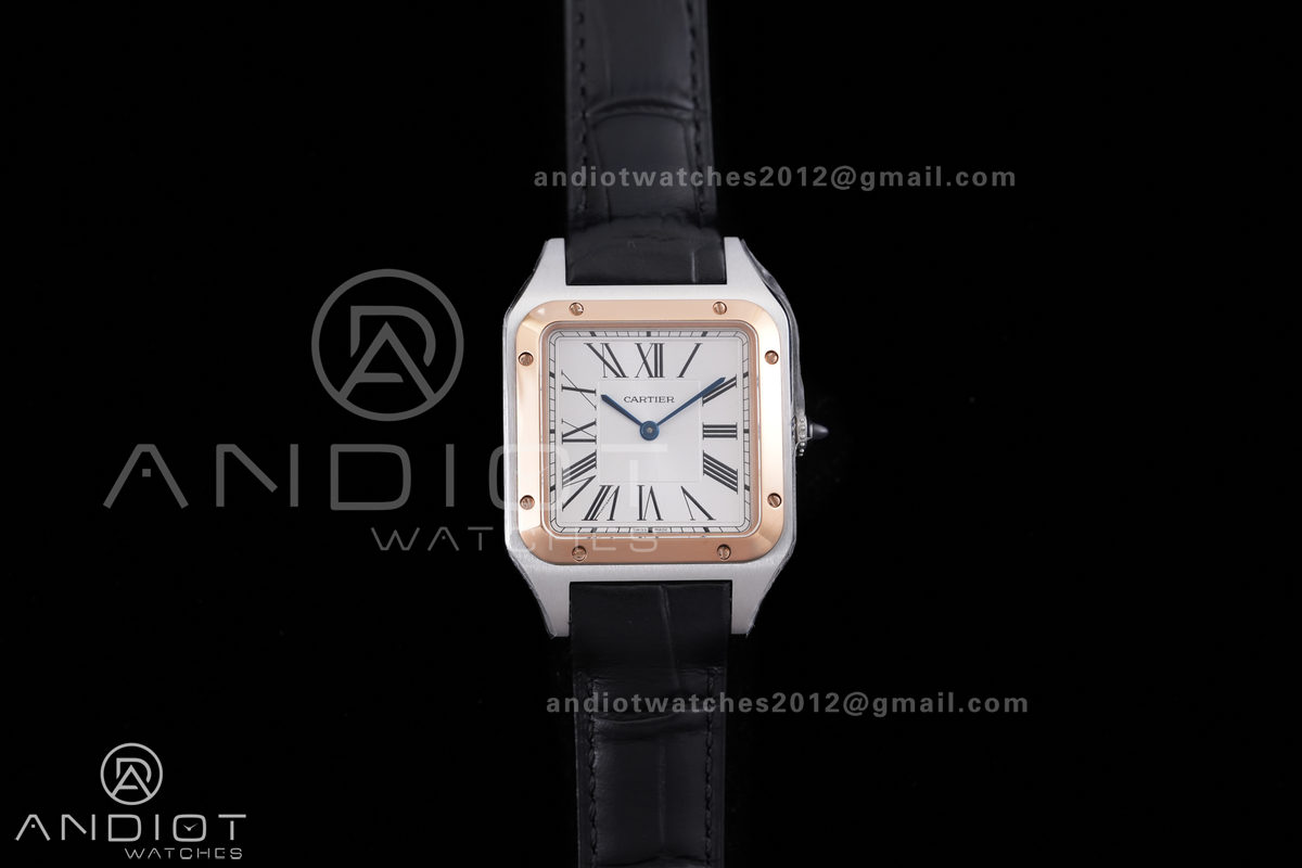 Santos Dumont 31.4mm SS/RG AF 1:1 Best Edition Silver Dial on Black Strap A157