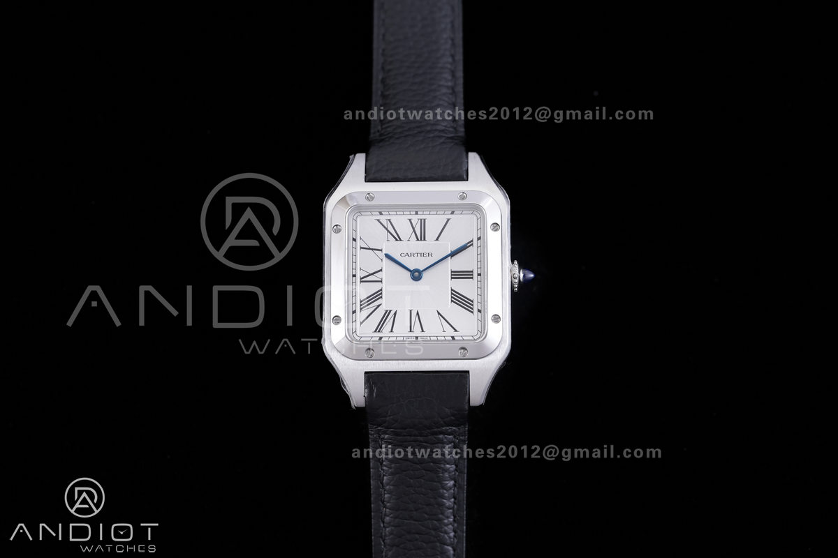 Santos Dumont 31.4mm SS AF 1:1 Best Edition Silver Dial on Black Leather Strap A157
