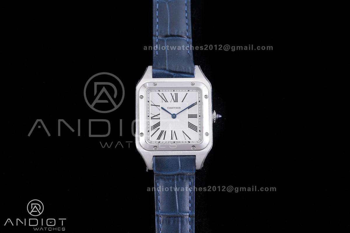 Santos Dumont 31.4mm AF 1:1 Best Edition Silver Dial on Blue Leather Strap Ronda Quartz
