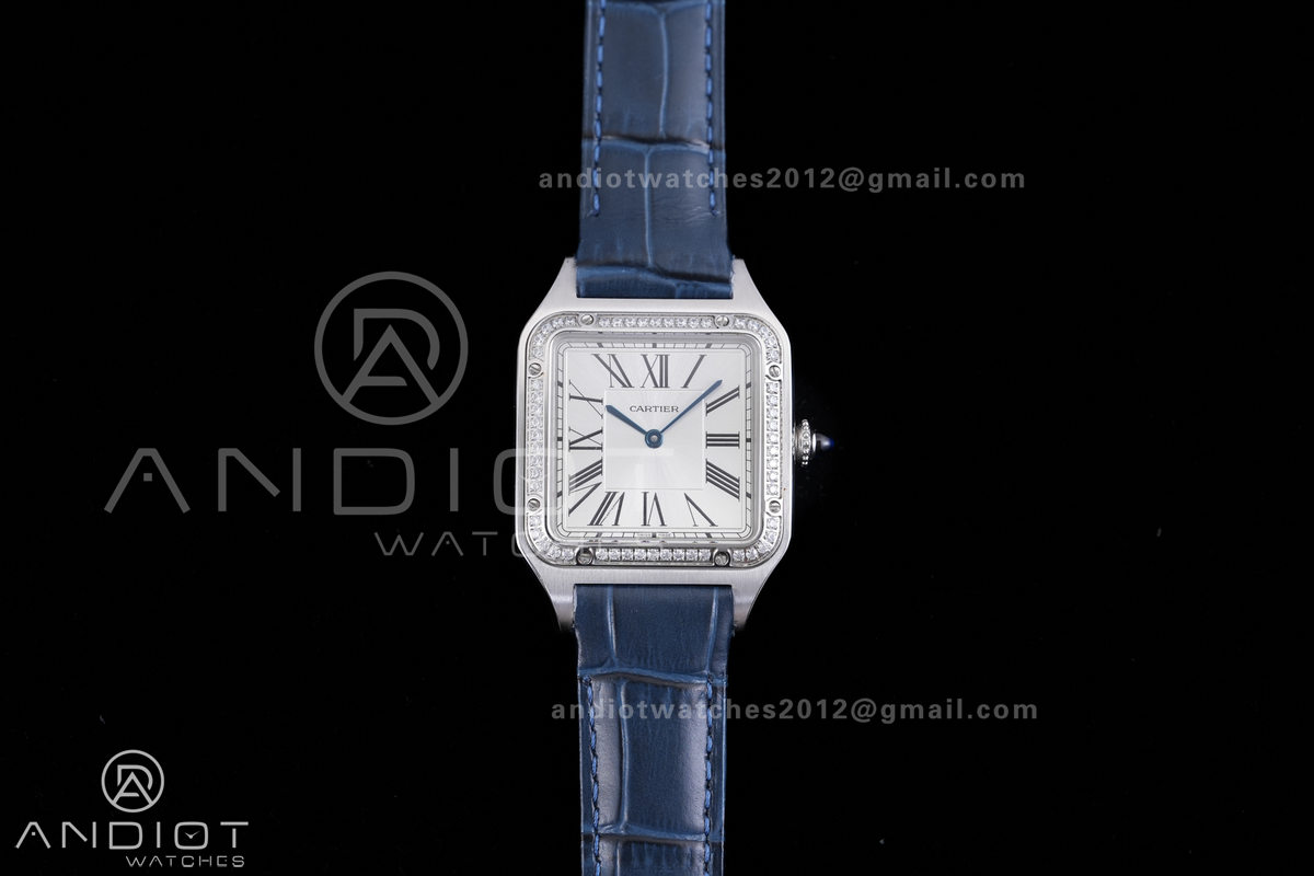 Santos Dumont 31.4mm AF 1:1 Best Edition Silver Dial Diamonds Bezel on Blue Leather Strap Ronda Quartz