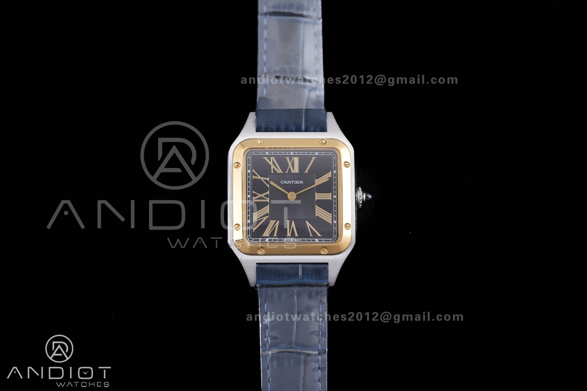 Santos Dumont 31.4mm SS AF 1:1 Best Edition YG Bezel Black Dial YG Marker on Blue Leather Strap Ronda Quartz