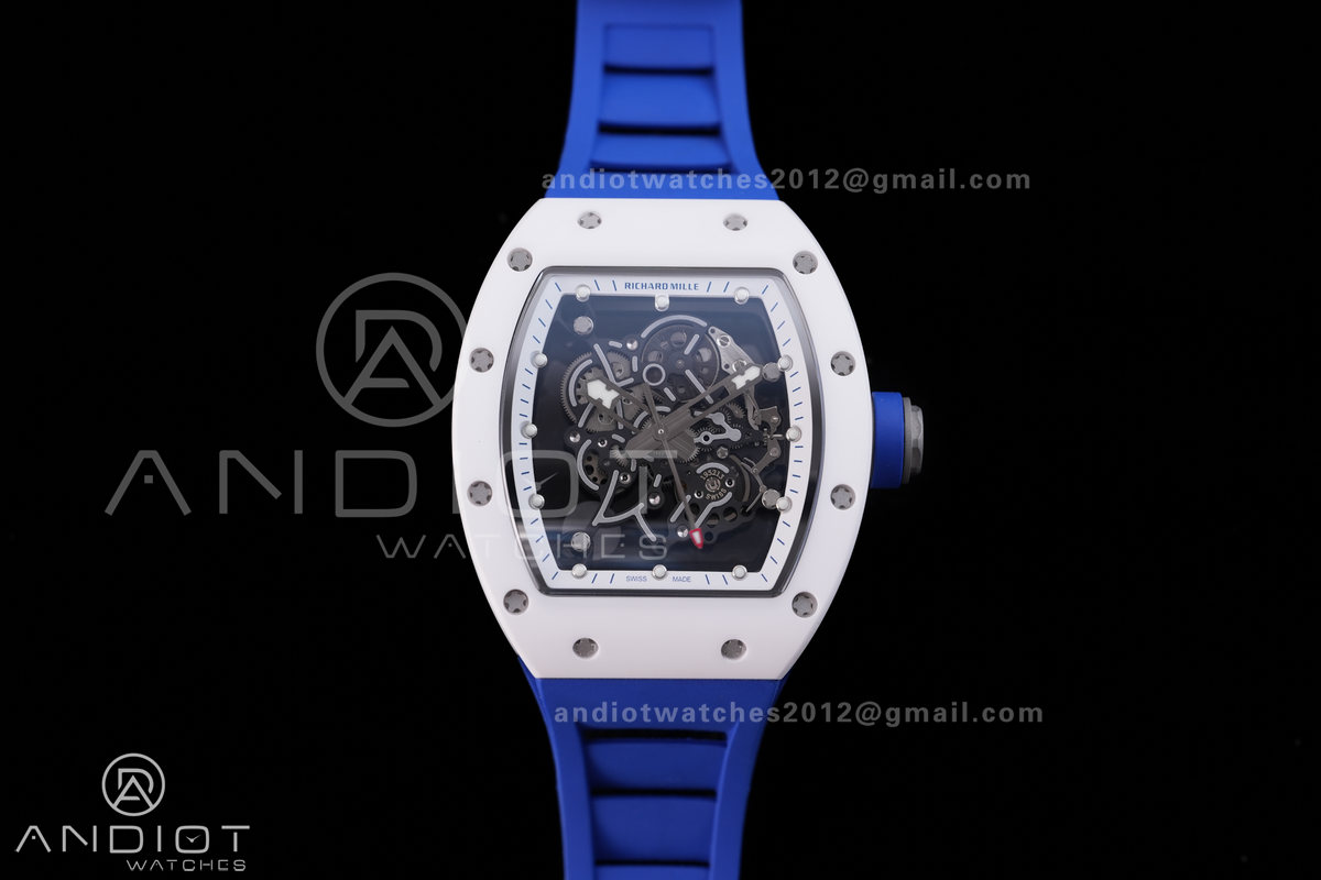 RM055 White Ceramic BBF 1:1 Best Edition White Bezel Blue Crown on Blue Rubber Strap RMUL2 Super Clone