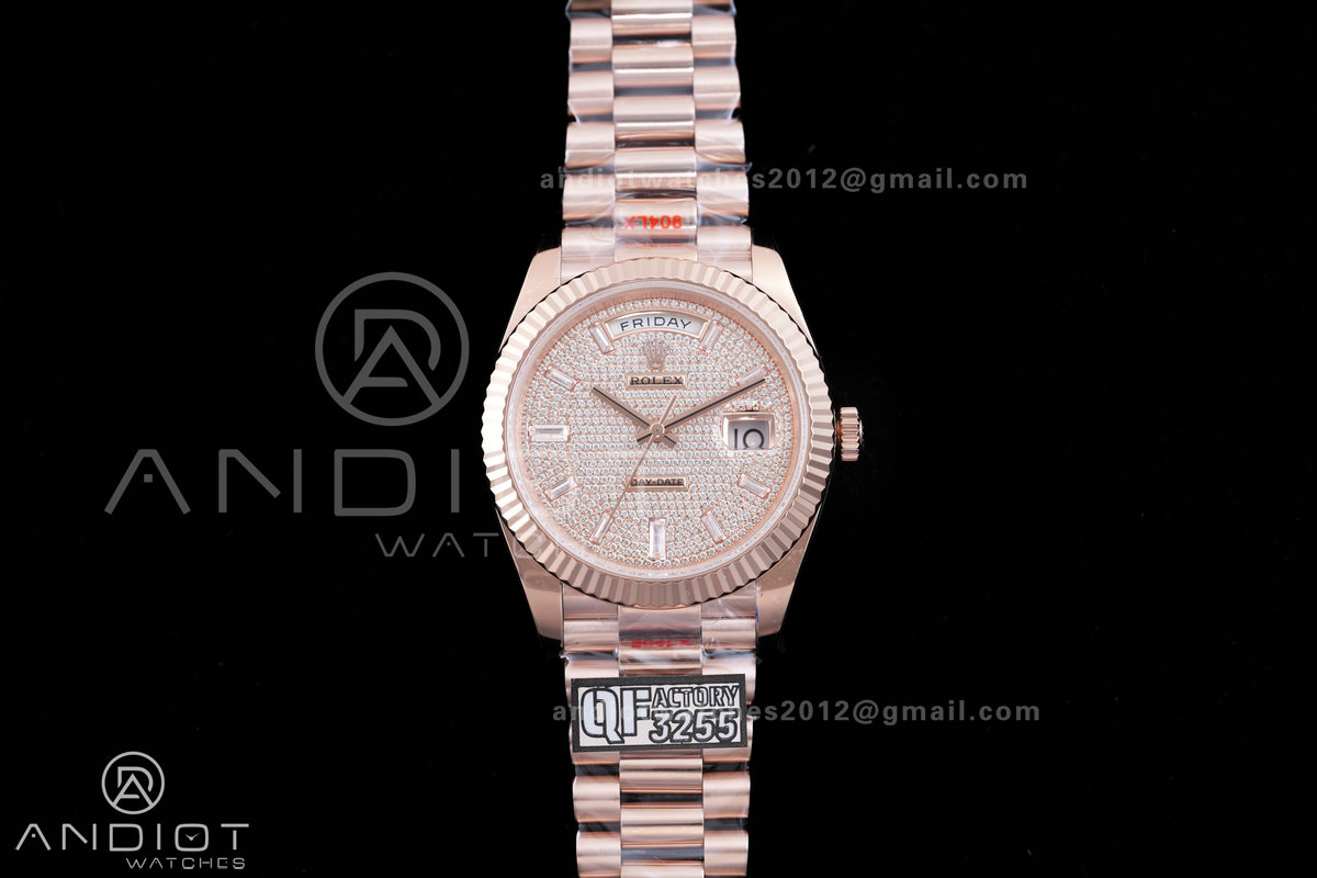 DayDate 40 RG QF 1:1 Best Edition 904L Steel Diamonds Dial on President Bracelet VR3255 V8 (Gain Weight)