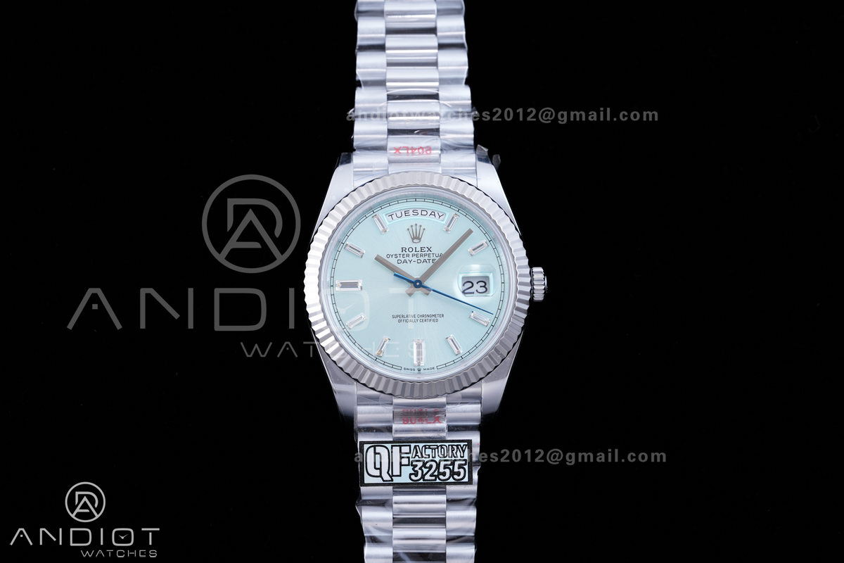 DayDate 40 SS QF 1:1 Best Edition 904L Steel Ice Blue Crystal Dial on President Bracelet VR3255 V8 (Gain Weight)