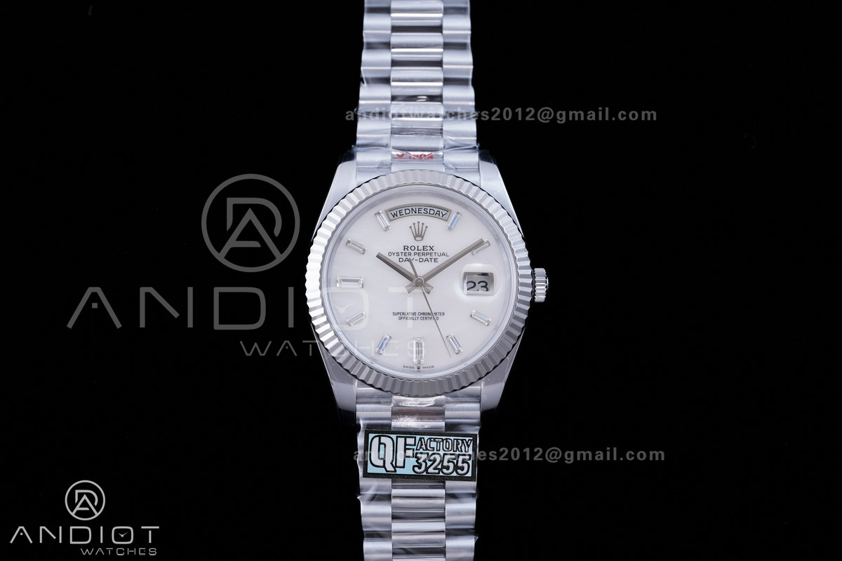 DayDate 40 SS QF 1:1 Best Edition 904L Steel White MOP Crystal Dial on President Bracelet VR3255 V8 (Gain Weight)