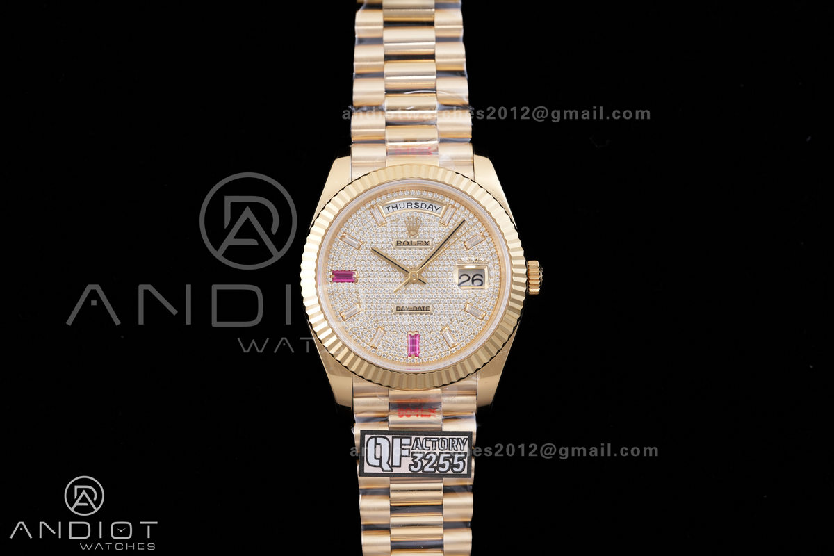 DayDate 40 YG QF 1:1 Best Edition Full Diamonds Dial on President Bracelet VR3255 V8 (Gain Weight)