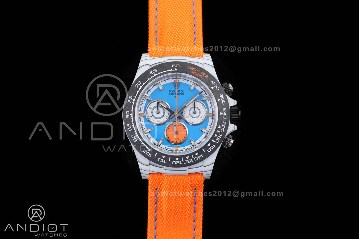 Daytona DIW 40mm White Carbon SONIC 1:1 Best Edition Blue Dial on Orange Nylon Strap DD4130
