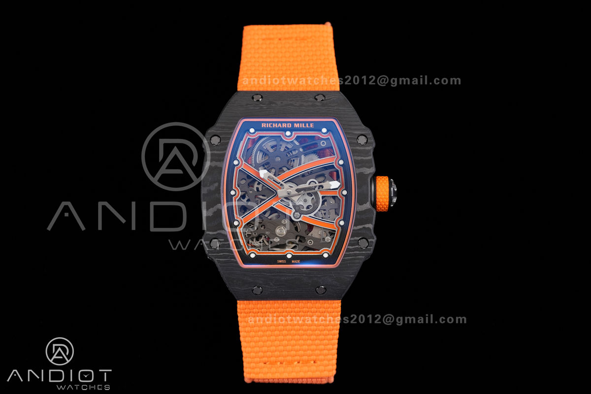 Umi Maker's RM67-02 Black NTPT McLaren Orange Skeleton Dial on Nylon strap CRMA7 Clone V2