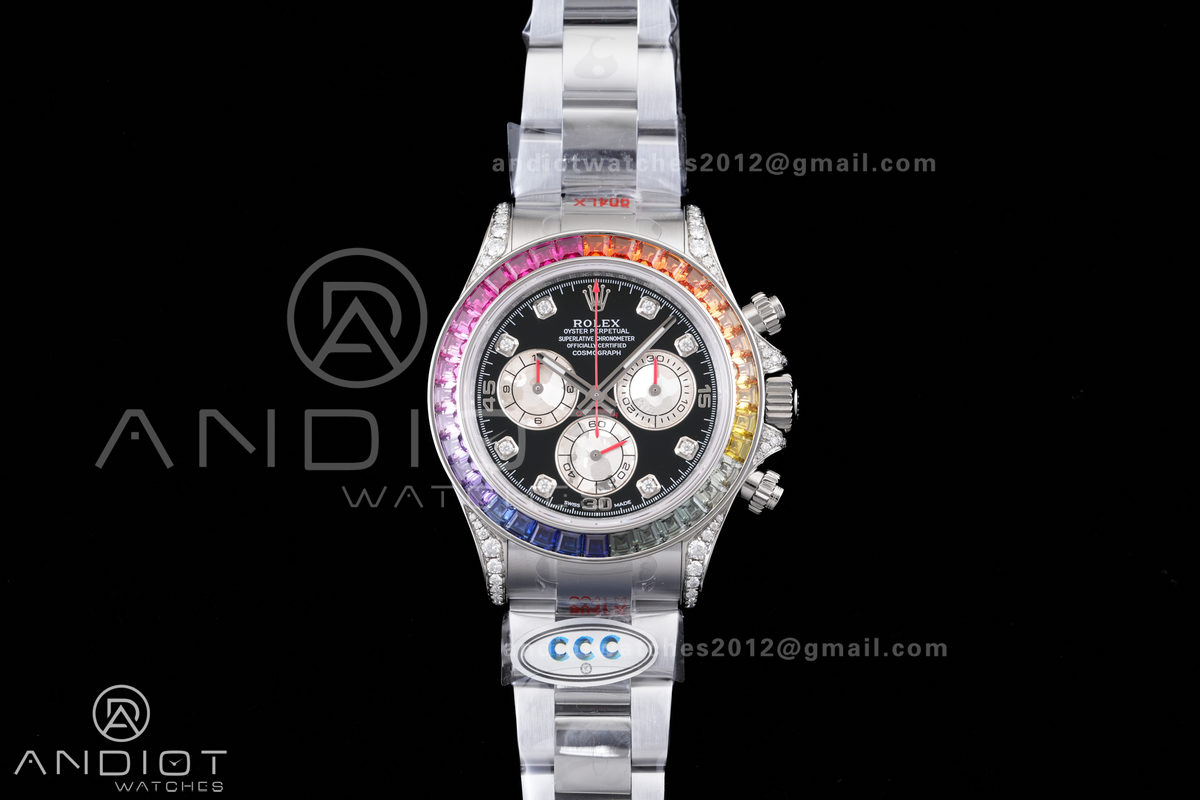 Daytona 116599rbow 3CF 1:1 Best Edition Black Diamonds Dial on SS Bracelet DD4130 V2 (Mod Version)