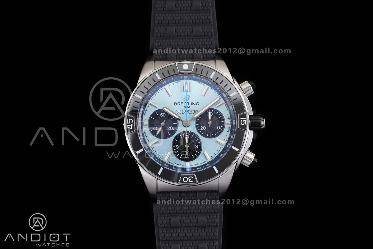 Chronomat B01 44mm SS BLSF 1:1 Best Edition Ice Blue Dial on Black Rubber Strap A7750