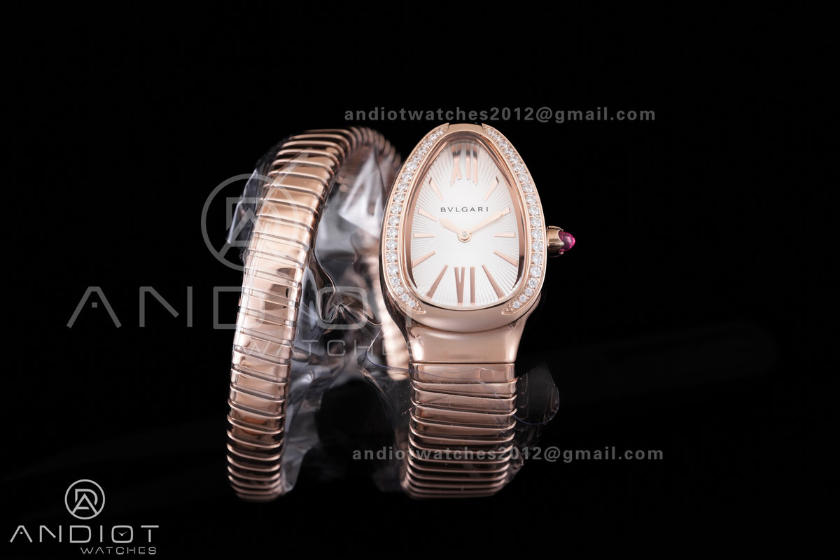 Serpenti 35mm Diamonds Bezel RG BVF 1:1 Best Edition White Dial on RG Bracelet Ronda Quartz