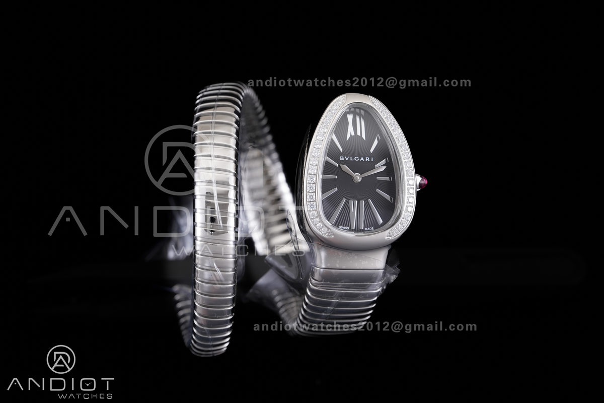 Serpenti 35mm Diamonds Bezel SS BVF 1:1 Best Edition Black Dial on SS Bracelet Ronda Quartz