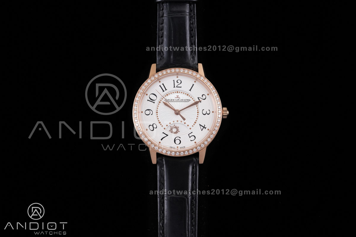 Rendez-Vous Night & Day RG APSF 1:1 Best Edition White Dial Diamonds Bezel on Black Leather Strap SA898