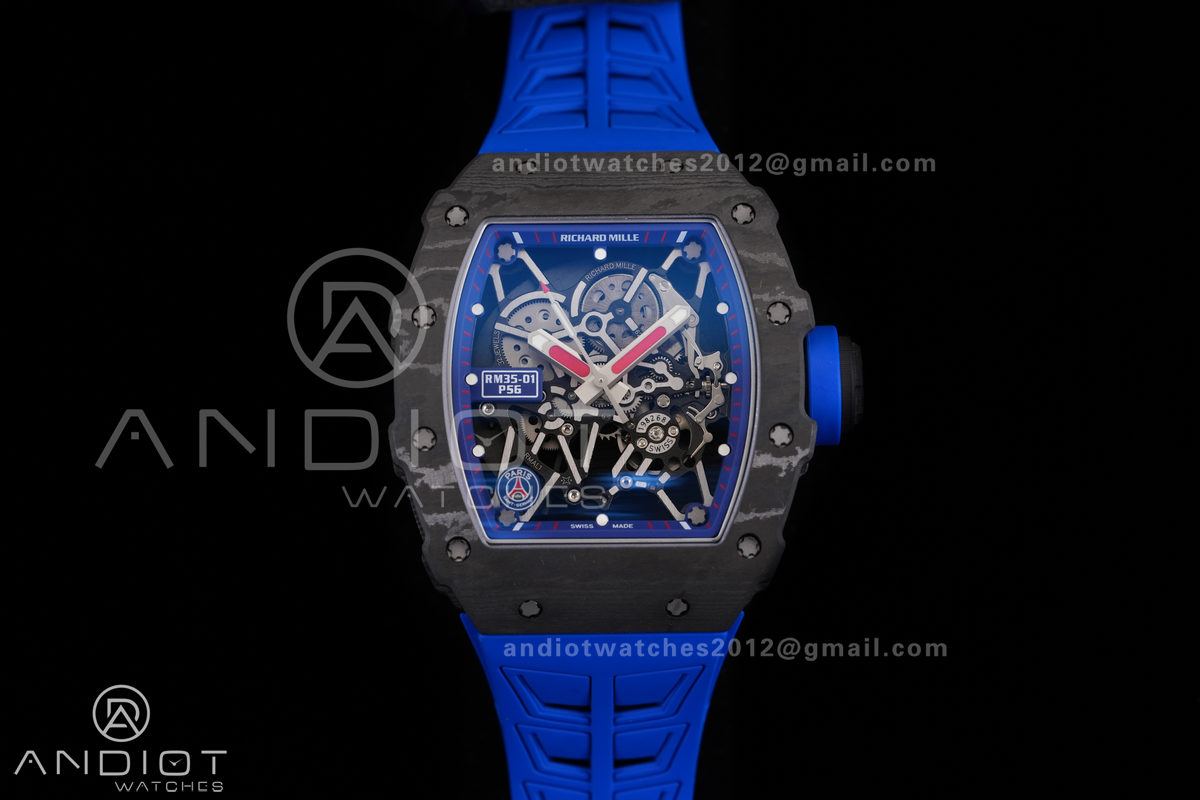 RM035-01 Paris Black Carbon ZF Best Edition Skeleton Dial On Blue Rubber Strap Super Clone RMUL1