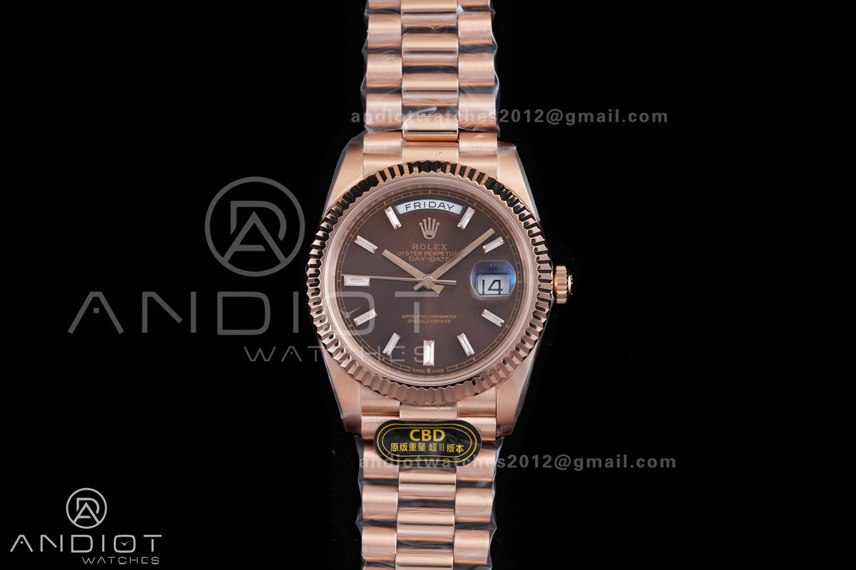 Day Date 40 RG CBDF 1:1 Best Edition Brown Crystal Dial on President Bracelet VR3255 (210g)
