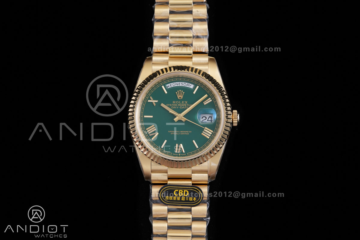 Day Date 40 YG CBDF 1:1 Best Edition Green Roman Dial on President Bracelet VR3255 (210g)