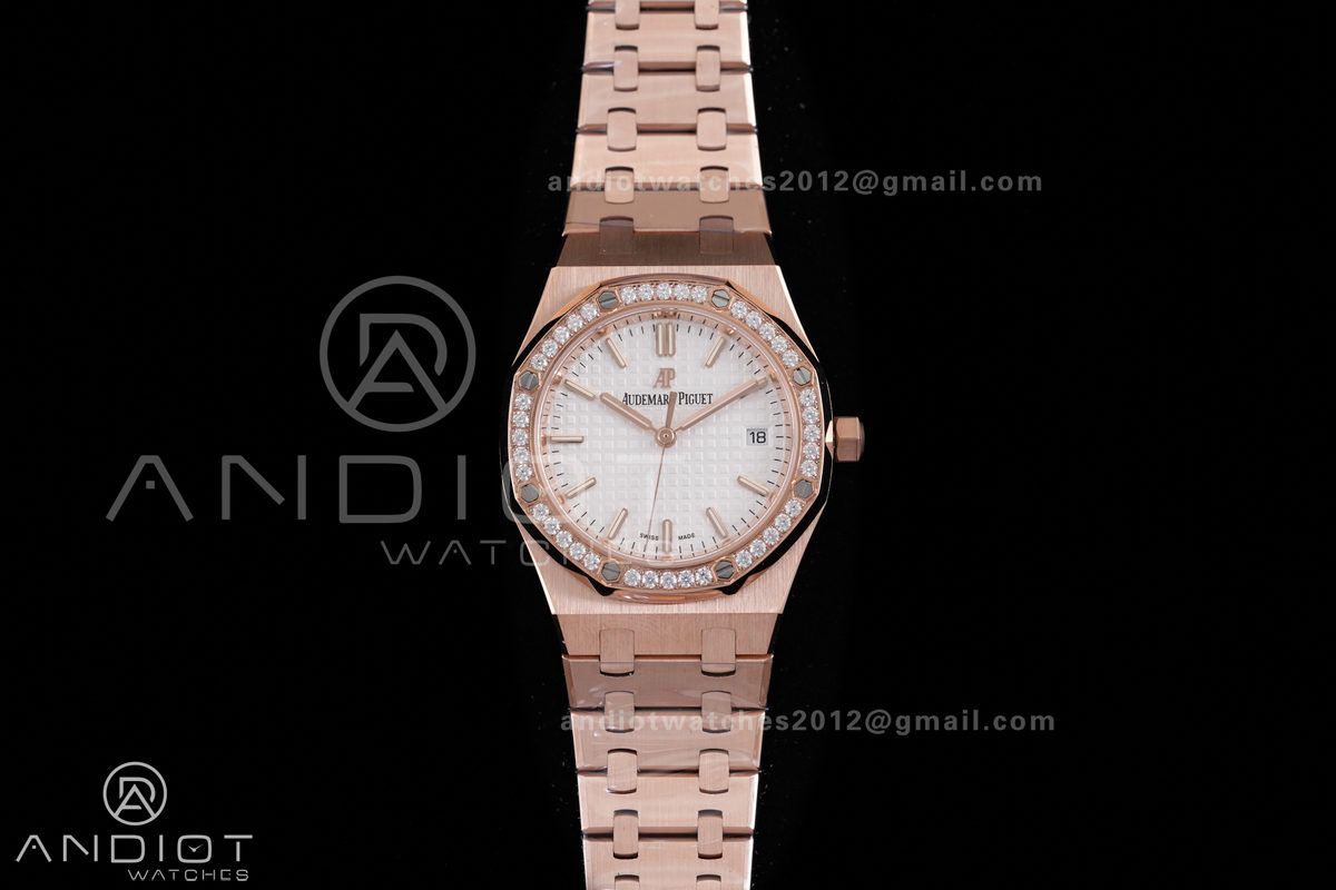 Royal Oak 34mm 77350 RG Diamonds Bezel 8F Best Edition White Dial Diamond Bezel on RG Bracelet A5800
