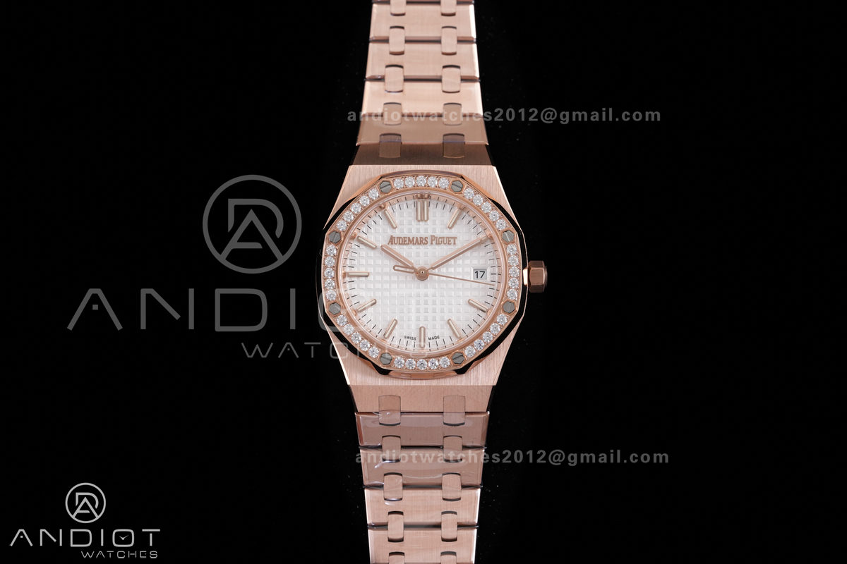 Royal Oak 34mm 77450 RG Diamonds Bezel 8F Best Edition White Dial Diamond Bezel on RG Bracelet A5800