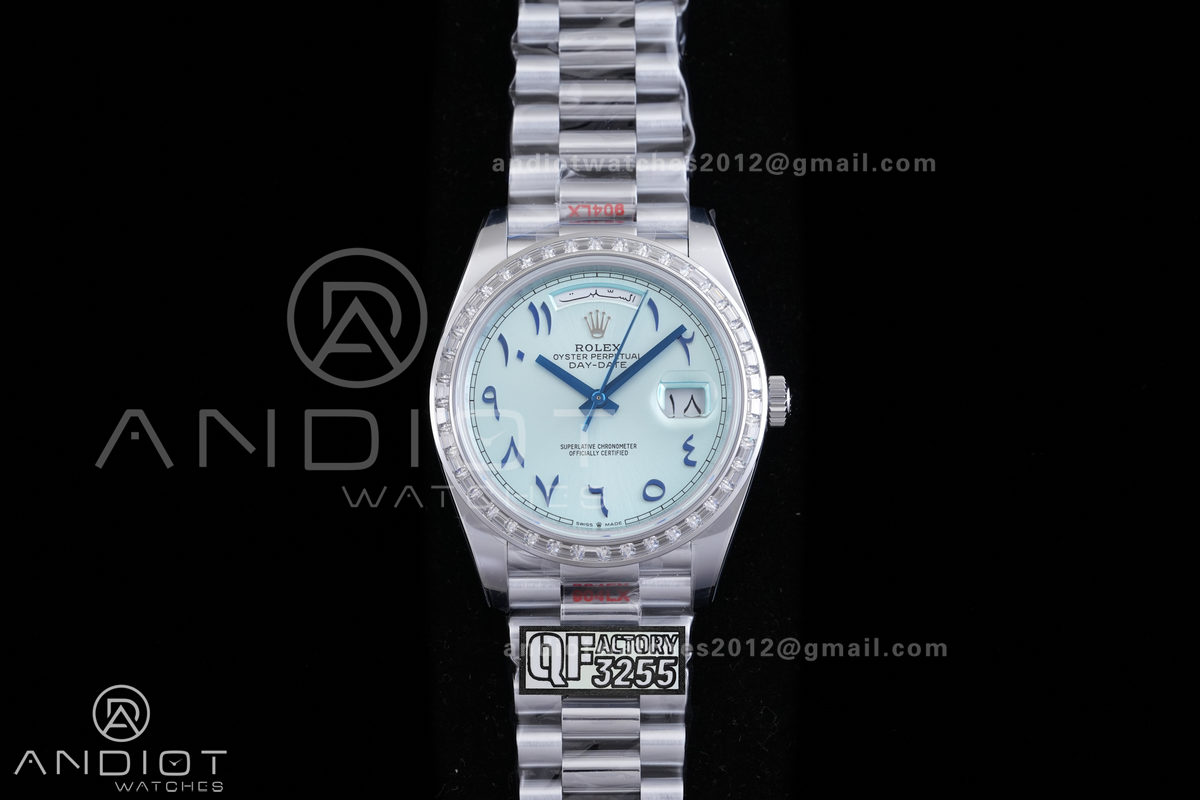 DayDate 40 SS QF 1:1 Best Edition Blue Textured Roman Dial Diamonds Bezel on President Bracelet VR3255 V8s (Gain Weight)