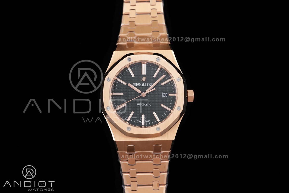 Royal Oak 41mm 15400 RG ZF 1:1 Best Edition Black Textured Dial on RG Bracelet V2 SA3120 Super Clone