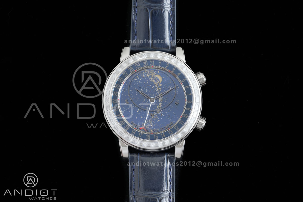Grand Complications 6102 SS Diamonds Bezel PPF 1:1 Best Edition Blue Dial on Blue Leather Strap SA240 Super Clone
