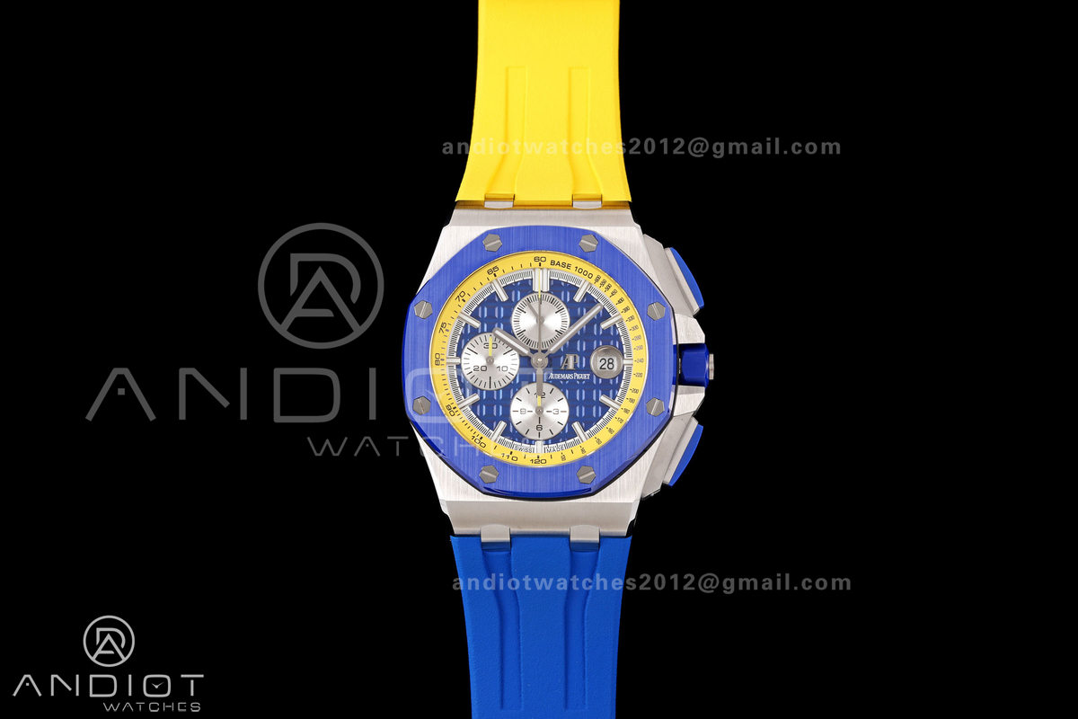 Royal Oak Offshore 44mm SS Blue Ceramic Bezel JF 1:1 Best Edition Blue/Yellow Dial on Rubber Strap A3126