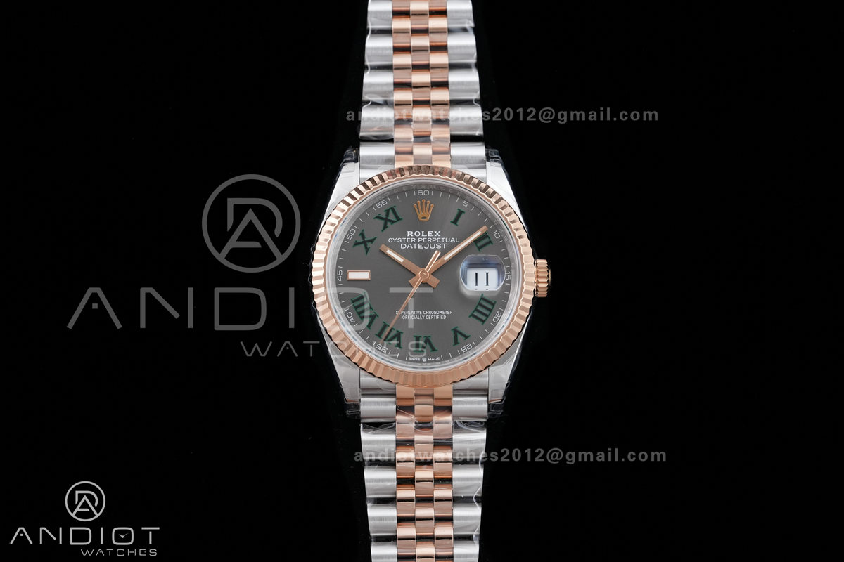 DateJust 36 SS/RG 126231 VSF 1:1 Best Edition 904L Steel Gray Dial Green Roman Marker on Jubilee Bracelet VS3235