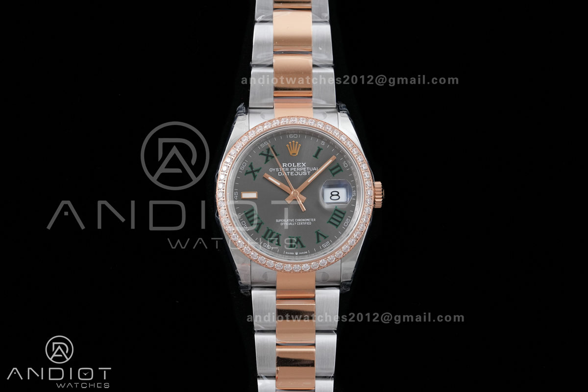 DateJust 36 SS/RG 126231 VSF 1:1 Best Edition 904L Steel Gray Dial Green Roman Marker Diamond Bezel on Oyster Bracelet VS3235